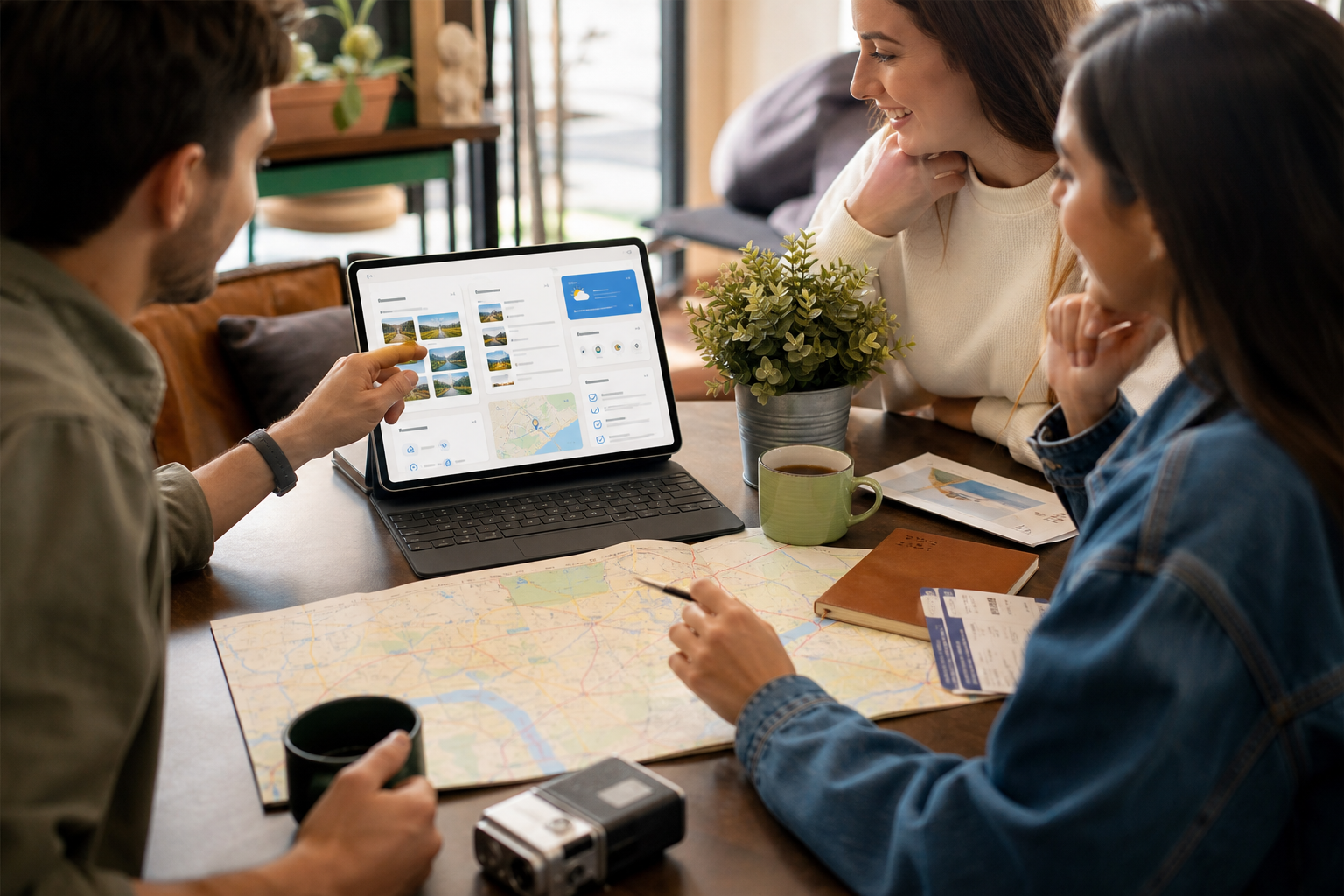 Friends planning a weekend trip around a shared page screen